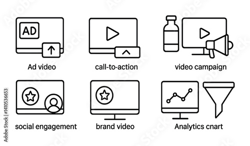 outline vector icons of video for marketing: ad icon, call to action, product demo, video campaign, social engagement, brand video, analytics chart, funnel icon. set of line style icons in a modern,