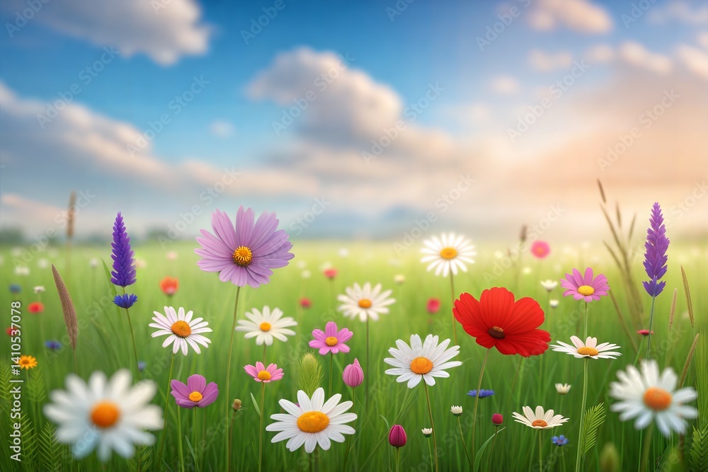 Colorful wildflower meadow in full bloom under a bright blue sky with soft sunlight, showcasing nature's vibrant beauty and serenity in a peaceful landscape