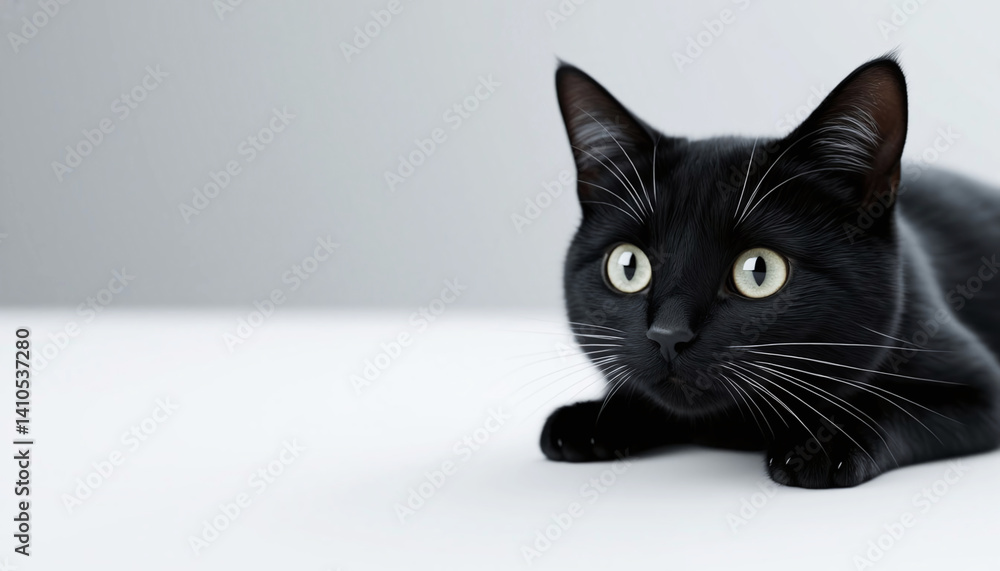 Obraz premium A black cat with shiny fur, large green eyes and a wary expression. He is lying on a light-colored surface