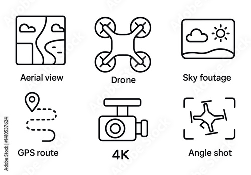 outline vector icons of drone photography: drone with cam, aerial view, flight path, gimbal, propellers, drone controller, GPS lock, altitude icon., set of line style icons in a modern, minimalist