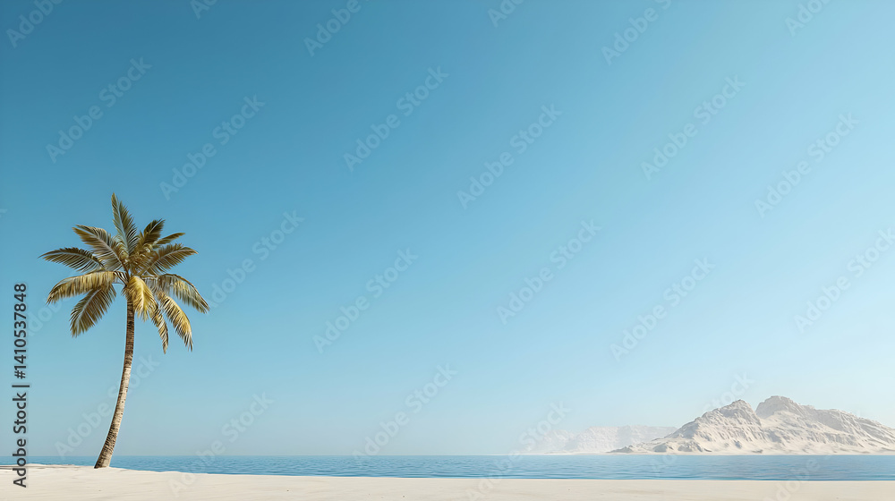 Fototapeta premium Palm Tree On Beach With Mountains In Background