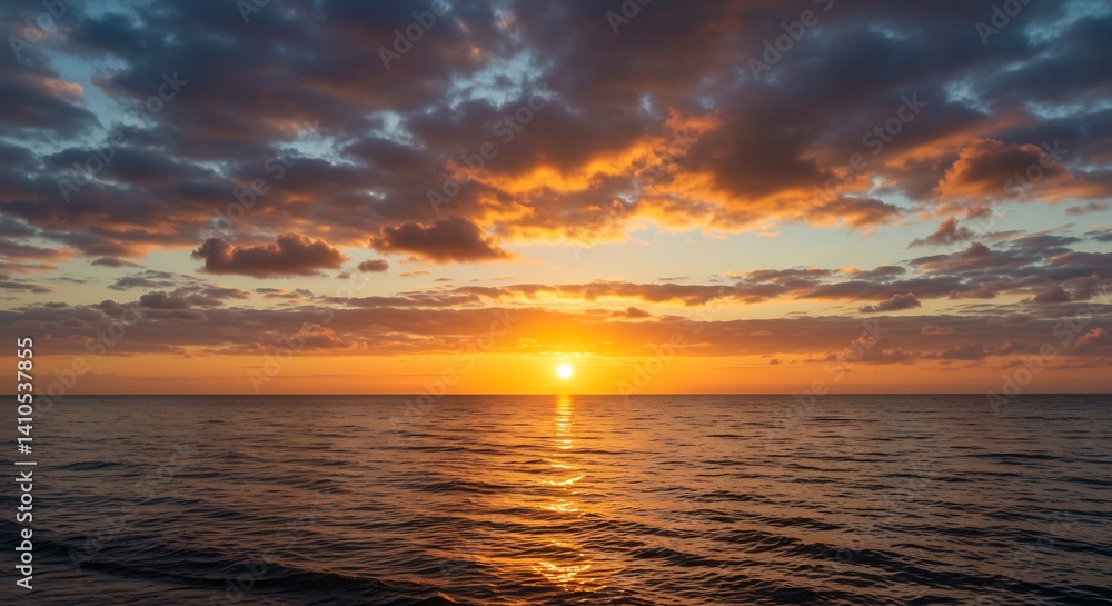 Obraz premium 水平線に沈む燃える夕日、穏やかな海面を照らす暖色系の光