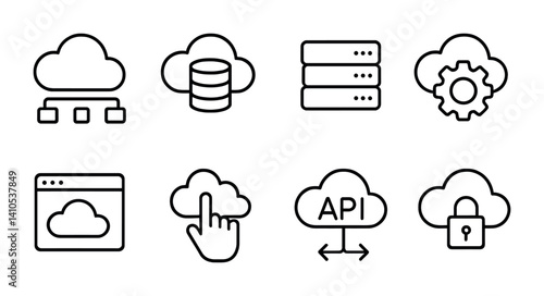 outline vector icons of cloud services: SaaS, PaaS, IaaS, service icon, subscription model, user cloud access, API cloud, cloud login., set of line style icons in a modern, minimalist design.