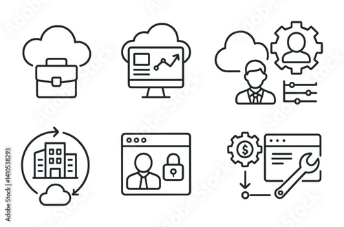 outline vector icons of hybrid cloud: private cloud, public cloud, hybrid icon, bridge icon, multi-cloud arrows, hybrid network, local node, enterprise link. set of line style icons in a modern,