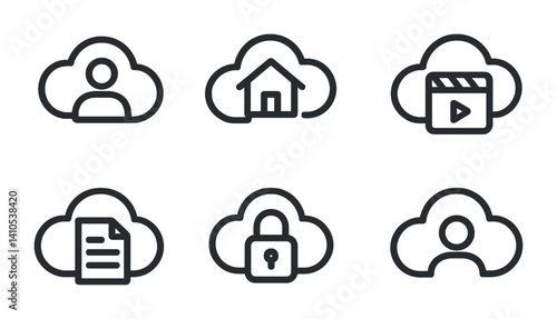 outline vector icons of personal cloud: user cloud icon, home cloud, personal storage, photo backup, video sync, document cloud, account icon, access control. ine style icons in a modern, minimalist