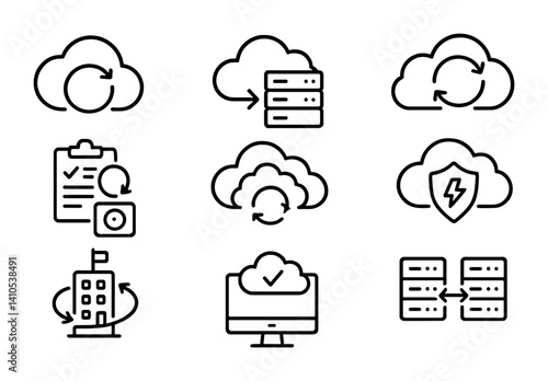 outline vector icons of cloud disaster recovery: recovery icon, failover cloud, restore arrows, plan backup, outage protection, site recovery, DR test icon, mirror server. set of line style icons in