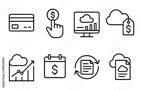 outline vector icons of cloud pricing: credit icon, pay-as-you-go, billing dashboard, pricing plan, usage chart, subscription icon, billing cycle, invoice cloud. set of line style icons in a modern,