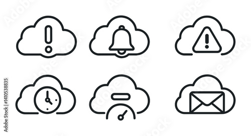 outline vector icons of cloud notifications: alert cloud, bell icon, warning triangle, status ping, real-time alert, log message, threshold icon, mail cloud. set of line style icons in a modern,