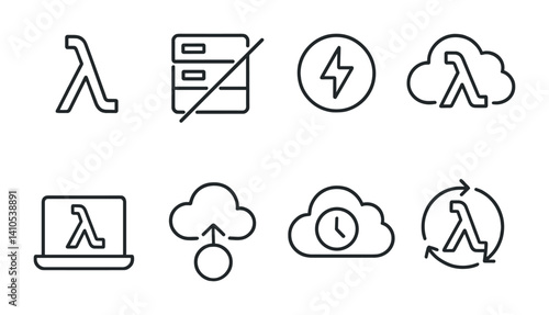 outline vector icons of serverless cloud: function icon, no server box, trigger icon, auto-scale function, lambda cloud, compute call, event-driven cloud, time function. set of line style icons in a