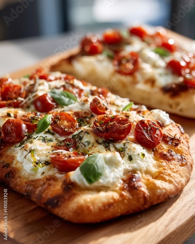 Freshly baked pinsa romana showing delicious toppings on wooden board