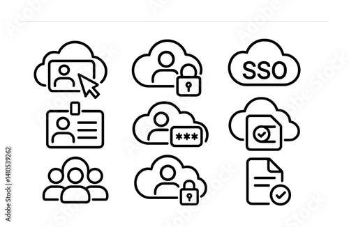outline vector icons of cloud identity: login cloud, user lock, SSO icon, role tag, ID badge, MFA symbol, user group, policy icon. set of line style icons in a modern, minimalist design.