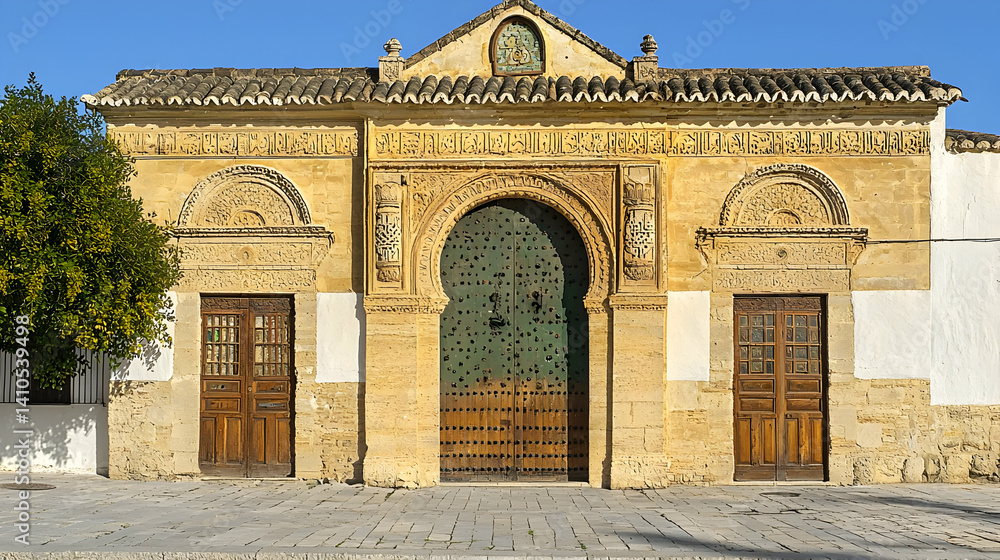 Naklejka premium Historic Stone Building With Ornate Archway In Spanish Town