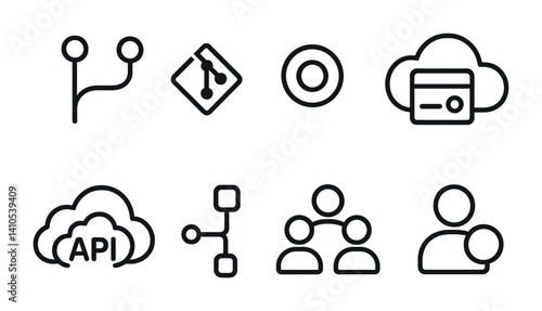 outline vector icons of open source cloud: code branch, Git icon, open license, cloud repo, public API, forked project, community build, contributor icon. set of line style icons in a modern,
