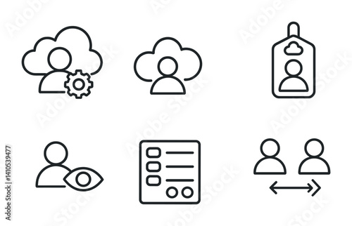 outline vector icons of enterprise cloud: business cloud, company dashboard, corporate user, workload manager, enterprise sync, role access, admin panel, cost optimization. set of line style icons in