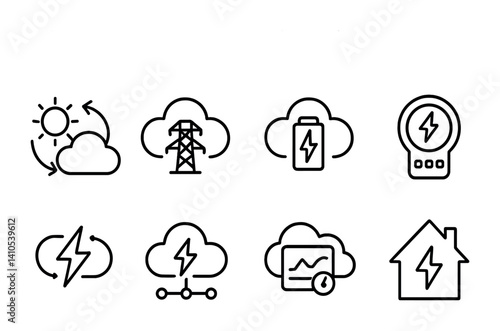 outline vector icons of energy cloud systems: solar sync, grid cloud, battery cloud, smart meter, energy flow, IoT energy node, cloud dashboard, home power icon. ine style icons in a modern,