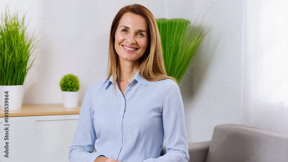 Smiling woman in light blue blouse sitting in bright room with green plants
Smiling woman in light blue blouse sitting in bright room with green plants