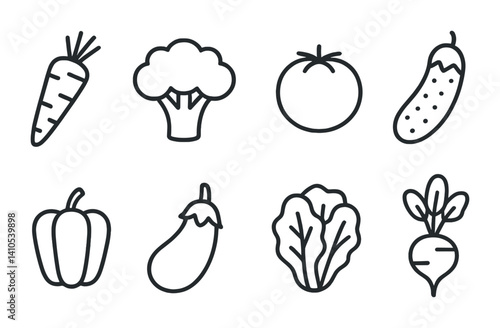 outline vector icons of vegetables: carrot, broccoli, tomato, cucumber, bell pepper, eggplant, lettuce, radish. set of line style icons in a modern, minimalist design.