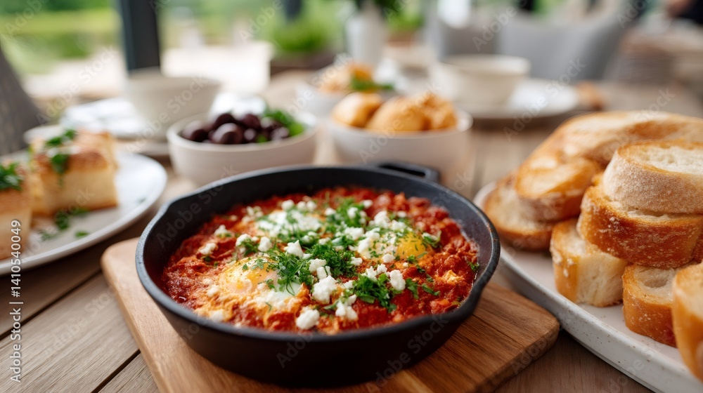 Shakshuka with feta, herbs, and toasted baguette slices for stylish breakfast Shakshuka with feta, herbs, and toasted baguette slices for stylish breakfast