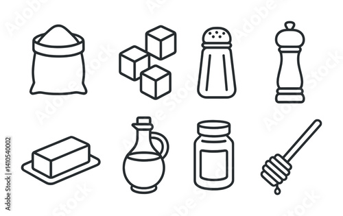 outline vector icons of food ingredients: flour bag, sugar cube, salt shaker, pepper grinder, butter stick, olive oil bottle, spice jar, honey dipper. set of line style icons in a modern, minimalist