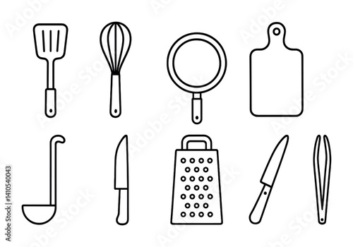 outline vector icons of kitchen tools: spatula, whisk, frying pan, cutting board, ladle, kitchen knife, grater, tongs. set of line style icons in a modern, minimalist design.