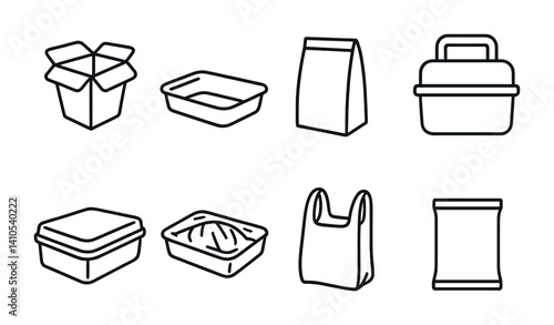 outline vector icons of food packaging: takeout box, food tray, paper bag, lunchbox, sealed container, plastic wrap, grocery bag, snack pouch. set of line style icons in a modern, minimalist design.