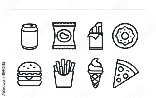 outline vector icons of junk food: soda can, chips bag, candy bar, donut, burger, fries, ice cream, pizza slice. set of line style icons in a modern, minimalist design.