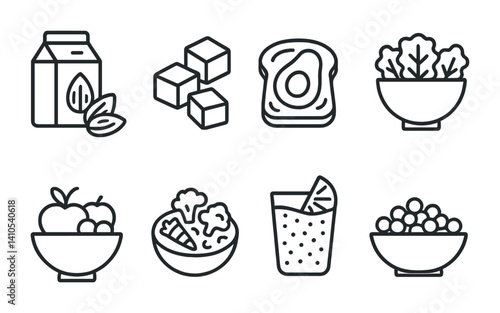 outline vector icons of vegan food: almond milk, tofu cubes, avocado toast, kale salad, fruit bowl, veggie curry, chia pudding, roasted chickpeas. ine style icons in a modern, minimalist design.
