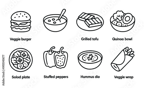outline vector icons of vegetarian dishes: veggie burger, lentil soup, grilled tofu, quinoa bowl, salad plate, stuffed peppers, hummus dip, veggie wrap. set of line style icons in a modern,