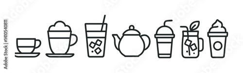 outline vector icons of beverages for cafe: espresso cup, cappuccino, latte glass, cold brew, tea pot, smoothie, iced tea, frappuccino. set of line style icons in a modern, minimalist design.