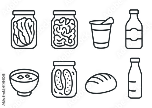 outline vector icons of fermented foods: kimchi jar, sauerkraut, yogurt cup, kombucha bottle, miso bowl, pickles jar, sourdough bread, kefir bottle. set of line style icons in a modern, minimalist