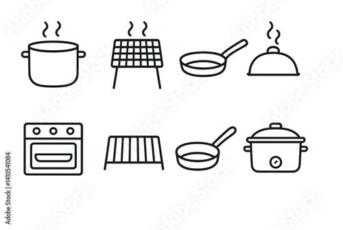 outline vector icons of cooking methods: boiling pot, grilling grate, frying pan, steaming lid, baking oven, roasting rack, sautéing pan, slow cooker. ine style icons in a modern, minimalist design.