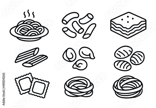 outline vector icons of pasta dishes: spaghetti plate, macaroni, lasagna slice, penne pasta, ravioli, tortellini, gnocchi, tagliatelle. set of line style icons in a modern, minimalist design.