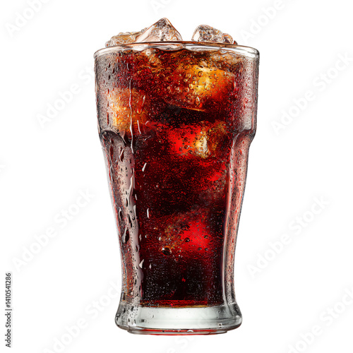 Refreshing cola drink with ice cubes in glass for summer refreshment, isolated beverage png cutout, perfect for menu design, transparent background.