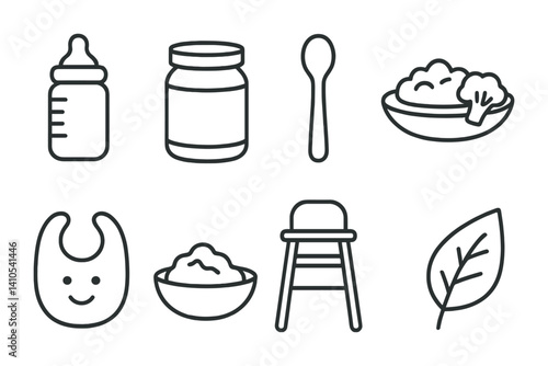 outline vector icons of baby food: baby bottle, puree jar, spoon, mashed veggies, bib icon, soft food bowl, high chair, organic label. set of line style icons in a modern, minimalist design.