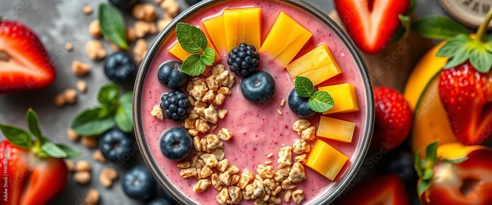 Fototapeta premium Vibrant vegan smoothie bowl with fresh berries, mango, and granola, artistic arrangement, vegan, vegan food