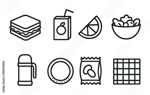 outline vector icons of picnic food: sandwich, juice box, fruit slice, salad bowl, thermos, paper plate, chips, picnic blanket. set of line style icons in a modern, minimalist design.