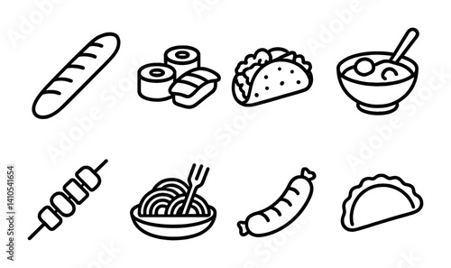 outline vector icons of cultural food symbols: baguette for France, sushi for Japan, taco for Mexico, curry for India, kebab for Middle East, pasta for Italy, bratwurst for Germany, pierogi for