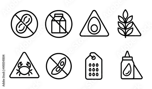outline vector icons of food allergy warnings: peanut icon, dairy symbol, egg alert, gluten icon, shellfish warning, soy icon, sesame tag, mustard warning. set of line style icons in a modern,