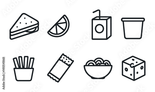 outline vector icons of food packaging: takeout box, food tray, paper bag, lunchbox, sealed container, plastic wrap, grocery bag, snack pouch. set of line style icons in a modern, minimalist design.