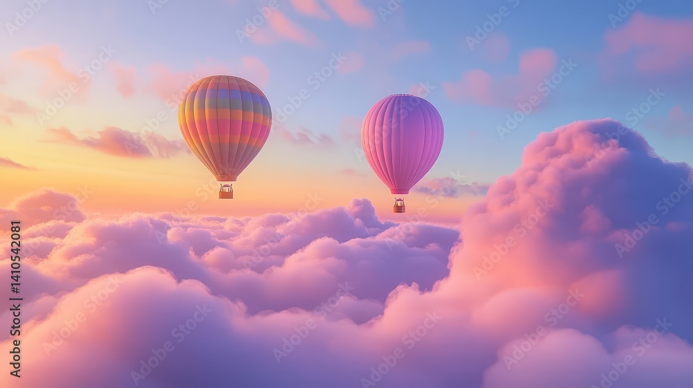 Fototapeta premium Two colorful hot air balloons rising above fluffy clouds at sunset, creating a serene and beautiful sky scene for dreamers.