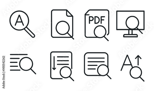 outline vector icons of document zooming: magnify text, page zoom, PDF zoom, zoom preview, zoomed text, scroll zoom, focus on paragraph, text enlarger. set of line style icons in a modern, minimalist
