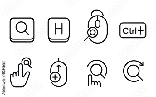 outline vector icons of browser zoom: zoom tab, browser magnify, page scale, zoom menu bar, zoom icon in toolbar, zoom shortcut, zoom overlay, responsive zoom. set of line style icons in a modern,