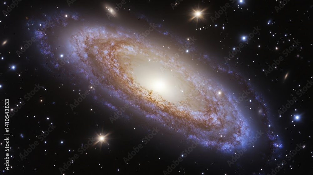 Fototapeta premium A stunning view of a spiral galaxy shining in the cosmos. Stars twinkle amid the dark space. Explore the beauty of the universe and beyond.