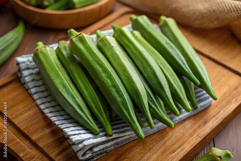 Neatly arranged fresh green okra (ladyfinger) on a wooden cutting board with a striped cloth underneath. The vibrant, organic vegetables are showcased in natural lighting, emphasizing their freshness Neatly arranged fresh green okra (ladyfinger) on a wooden cutting board with a striped cloth underneath. The vibrant, organic vegetables are showcased in natural lighting, emphasizing their freshness