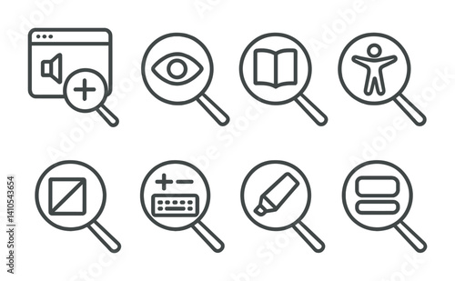 outline vector icons of accessibility tools: font size toggle, contrast mode, screen reader icon, skip link, accessibility settings, keyboard nav, text-to-speech, alt text. ine style icons in a