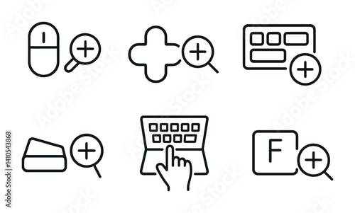 outline vector icons of browser zoom: zoom tab, browser magnify, page scale, zoom menu bar, zoom icon in toolbar, zoom shortcut, zoom overlay, responsive zoom. set of line style icons in a modern,
