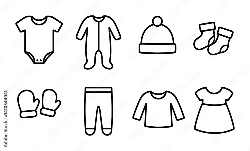 outline vector icons of baby clothes: onesie, footed pajamas, hat, socks, mittens, pants, shirt, dress. ine style icons in a modern, minimalist design. outline vector icons of baby clothes: onesie, footed pajamas, hat, socks, mittens, pants, shirt, dress. ine style icons in a modern, minimalist design.
