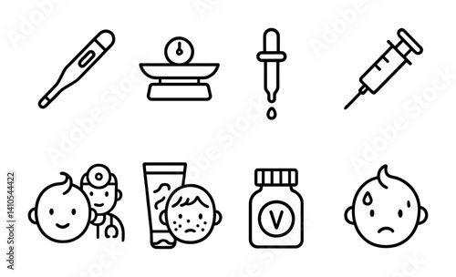 outline vector icons of baby health: thermometer, baby scale, medicine dropper, vaccination, doctor visit, rash cream, vitamin bottle, fever icon. ine style icons in a modern, minimalist design.