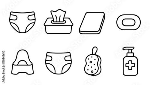 outline vector icons of baby hygiene: clean diaper, baby wipes, changing pad, soap bar, potty, training pants, bath sponge, hand sanitizer. ine style icons in a modern, minimalist design.