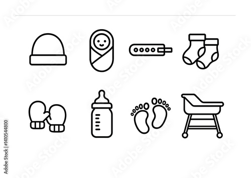 Essential baby care icons set: hat, swaddle, thermometer & more in linear style